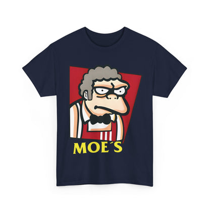 Elegant Moe's KFC logo mashup graphic t-shirt featuring a stylish illustration of Moe from The Simpsons with a striking red and white uniform, ideal for expressing individuality and love for pop culture.