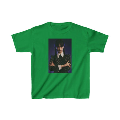 Child's 'Wednesday': Embrace the Dark Elegance! Graphic Unisex Tee in vibrant green featuring an alluring image of a girl with dark pigtails, dressed in a stylish dark striped jacket, symbolising the gothic charm of Wednesday Addams.