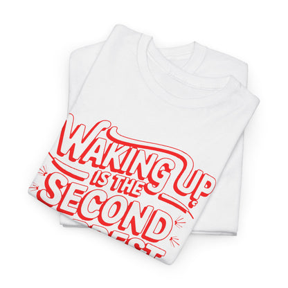 Luxury Waking Up Funny Mens Graphic T-Shirt displayed in white and red design, featuring the phrase 'Waking Up is the Second Hardest Thing in the Morning' in bold letters.
