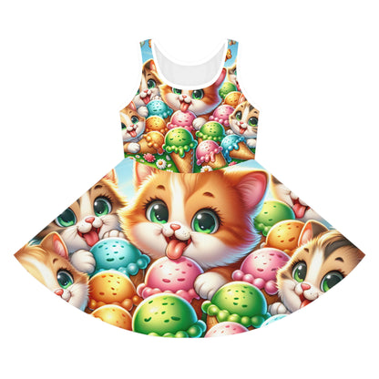 Lola Kensington Girls Summer Sundress by Dazzling Dreams Studio featuring a whimsical meadow scene with playful kittens and ice cream print, perfect for stylish summer occasions.