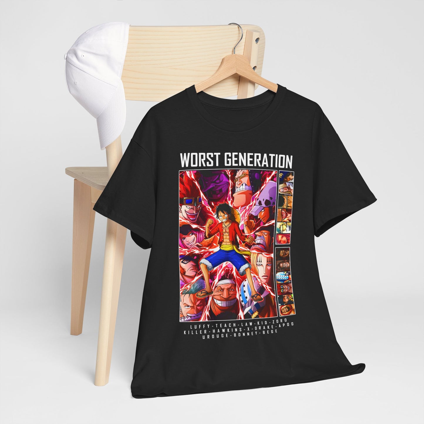 Chic black T-shirt elegantly draped on a wooden chair, showcasing dynamic designs of One Piece's 'Worst Generation' characters, complementing a fashionable lifestyle.