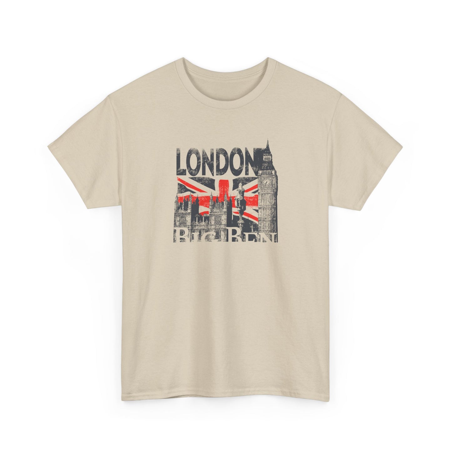 Front view of a stunning beige men's t-shirt showcasing a vintage London graphic featuring Big Ben and the Union Jack, perfect for expressing your affinity for British culture.
