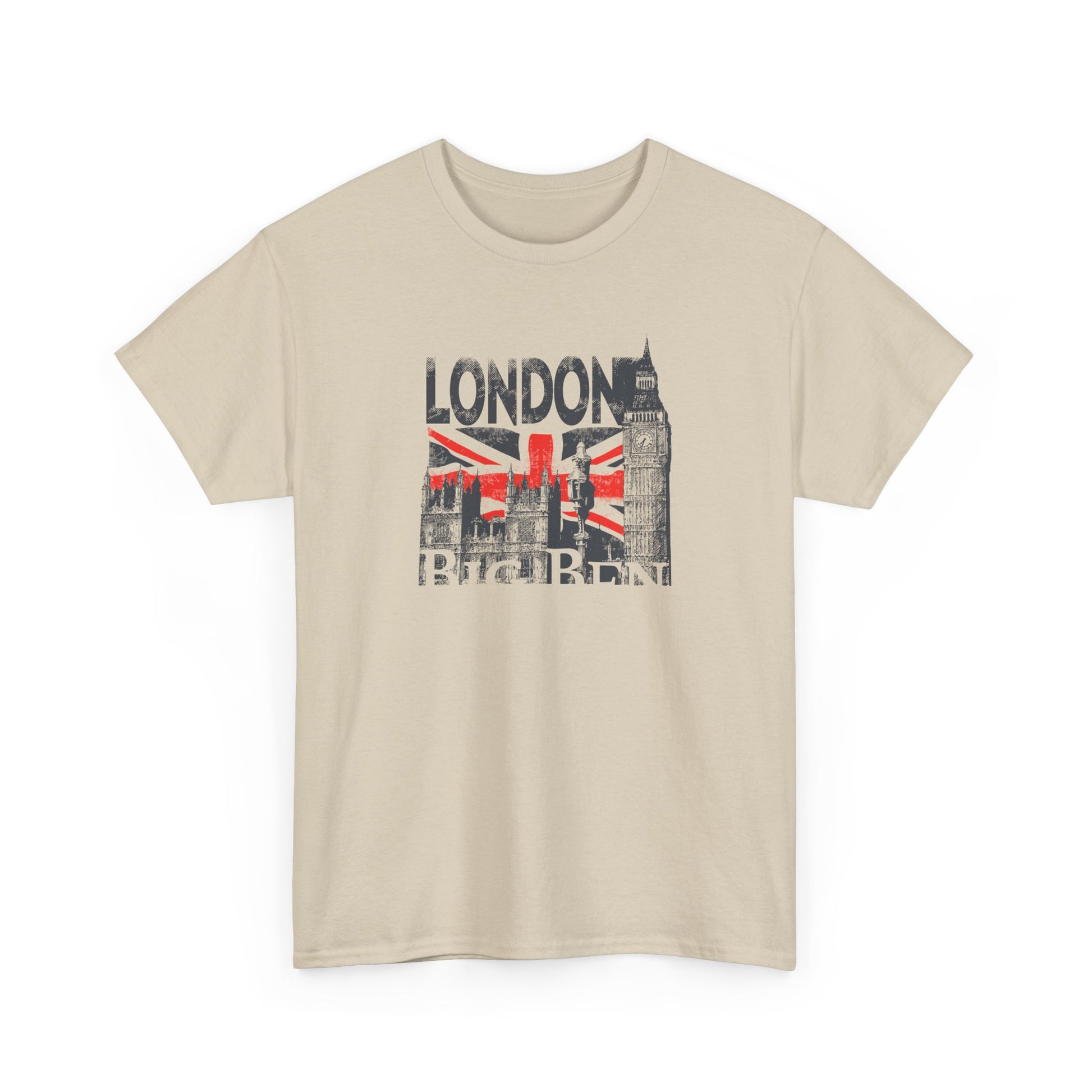 Front view of a stunning beige men's t-shirt showcasing a vintage London graphic featuring Big Ben and the Union Jack, perfect for expressing your affinity for British culture.