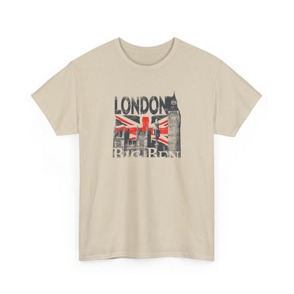 Front view of a stunning beige men's t-shirt showcasing a vintage London graphic featuring Big Ben and the Union Jack, perfect for expressing your affinity for British culture.