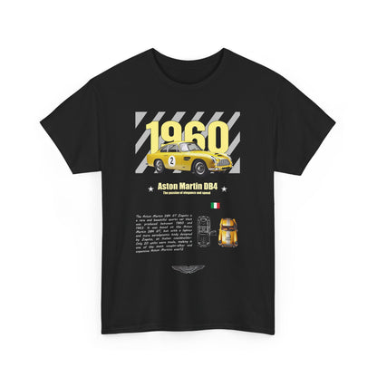 Front view of a stylish black Aston Martin DB4 GT Zagato Men’s T-Shirt, highlighting a bold graphic of the 1960 sports car and its sophisticated details that appeal to car enthusiasts.