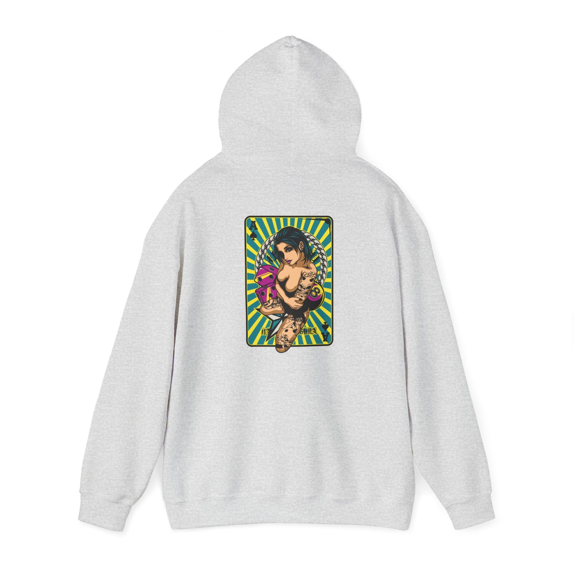 Elegant grey hoodie with a striking design on the back, highlighting a tattooed woman, perfect for a fashionable statement.