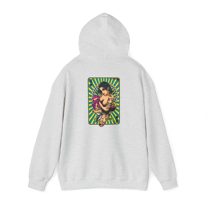 Elegant grey hoodie with a striking design on the back, highlighting a tattooed woman, perfect for a fashionable statement.