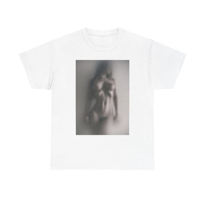 Sophisticated white cotton t-shirt adorned with a captivating soft focus graphic of a nude figure, highlighting an aesthetic blend of art and subtlety.