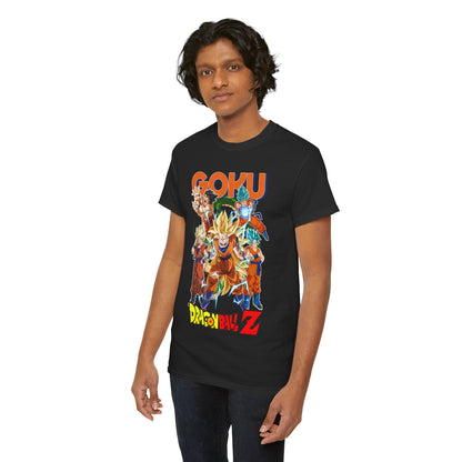 Luxurious black Dragon Ball Z T-shirt featuring a vibrant graphic collage of Goku in various powerful forms, perfect for anime enthusiasts.