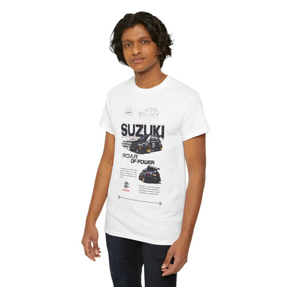 Sophisticated male model wearing a white Suzuki Forza t-shirt with striking graphic art and the phrase 'ROAR OF POWER', ideal for automotive fashion lovers.
