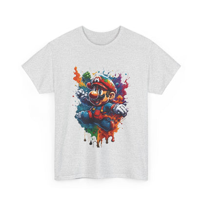Stylish Computer Game Character Graphic T-Shirt in grey, adorned with vibrant graphics for a sophisticated gaming aesthetic.