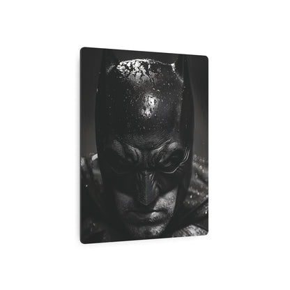 Batman Metal Art Poster showcasing a dramatic close-up of the iconic Dark Knight, crafted from premium matte aluminum for a sophisticated touch in any decor.