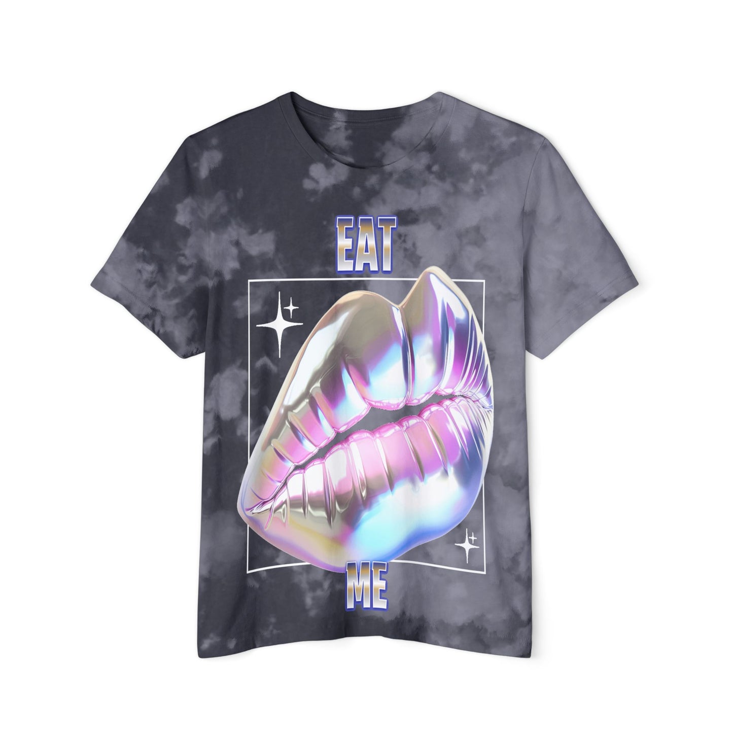 Stylish Women's Cropped T-Shirt in tie-dye grey featuring a glamorous iridescent 'Eat Me' lips motif, an exquisite choice in eco-friendly organic cotton.