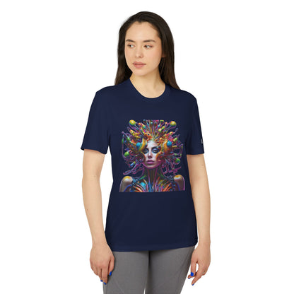 Front view of the Adidas Unisex Halloween Lady of Pop T-shirt in navy featuring vibrant pop art design, perfect for Halloween elegance.