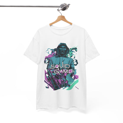 Stylish graphic t-shirt featuring a bold design inspired by the popular series Squid Game, showcasing vibrant colours and artistic elements, ideal for fashion-forward individuals.