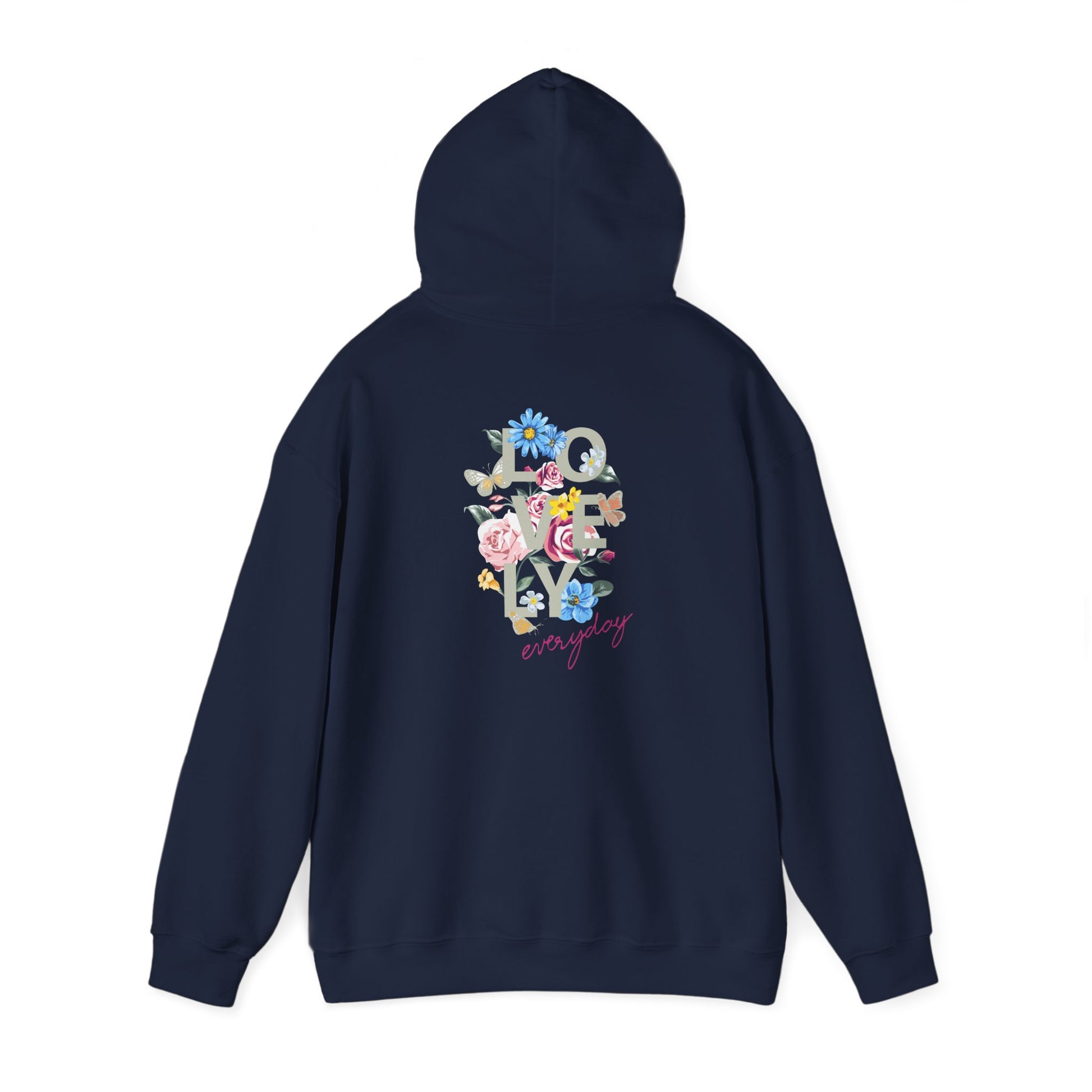 Luxurious back view of a navy hoodie featuring a vibrant floral design and stylish typography, showcasing the words 'LOVELY everyday' in an eye-catching arrangement with intricate butterflies.