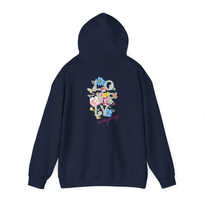 Luxurious back view of a navy hoodie featuring a vibrant floral design and stylish typography, showcasing the words 'LOVELY everyday' in an eye-catching arrangement with intricate butterflies.