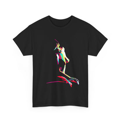 Chic black graphic tee adorned with a striking multicoloured artwork of a feminine figure, embodying a harmonious blend of art, humour, and style.