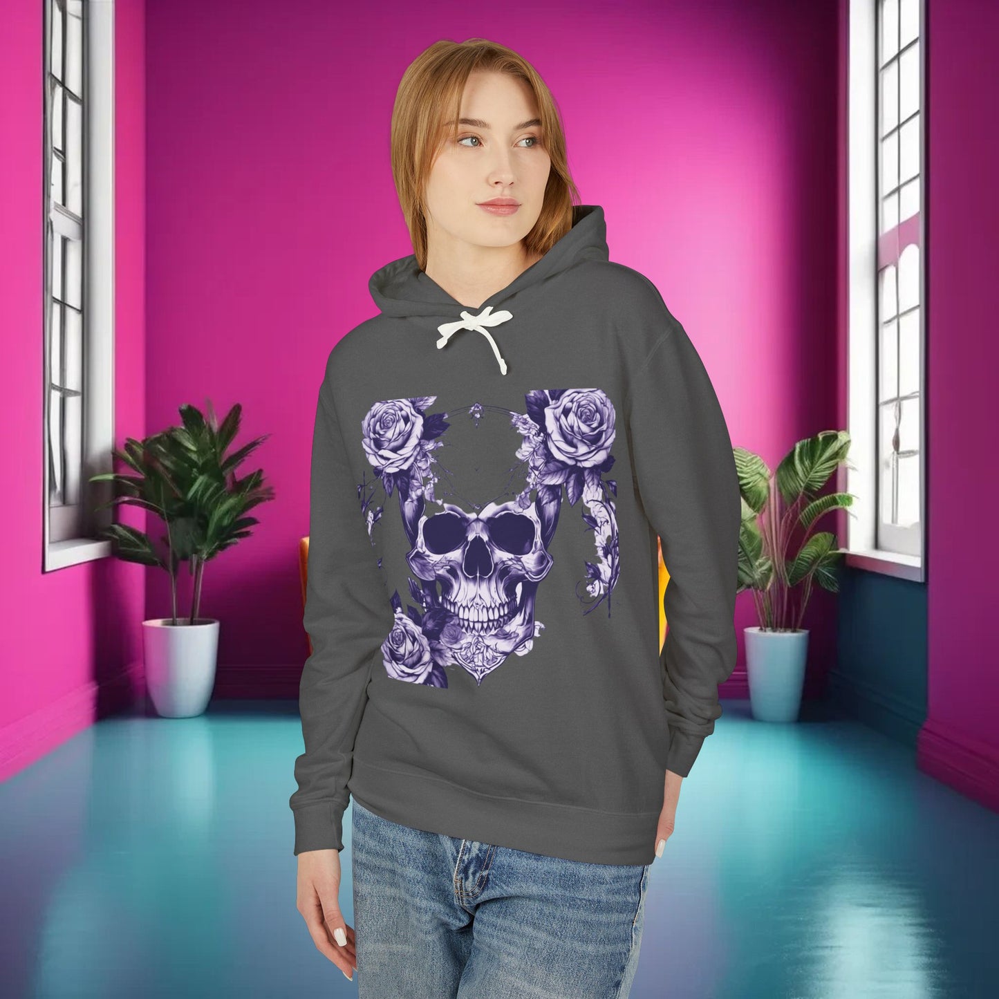 Unisex Lightweight Hooded Sweatshirt unique designer skull and roses