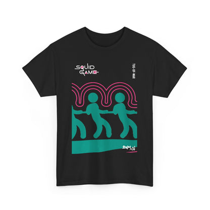 Luxurious unisex tee in black emblazoned with a captivating Squid Game graphic, ideal for fashion-forward individuals seeking to make a bold statement.