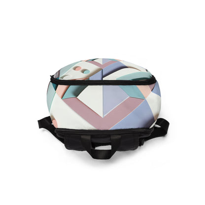 Chic Modern Geometric Pastel Backpack displayed from above, featuring a vibrant geometric design in soft pastel shades, ideal as a luxury accessory for travel and daily use.