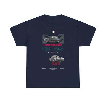 Stylish navy blue men's t-shirt showcasing a striking Aston Martin DB4 graphic, accompanied by artistic technical drawings and sophisticated text design.