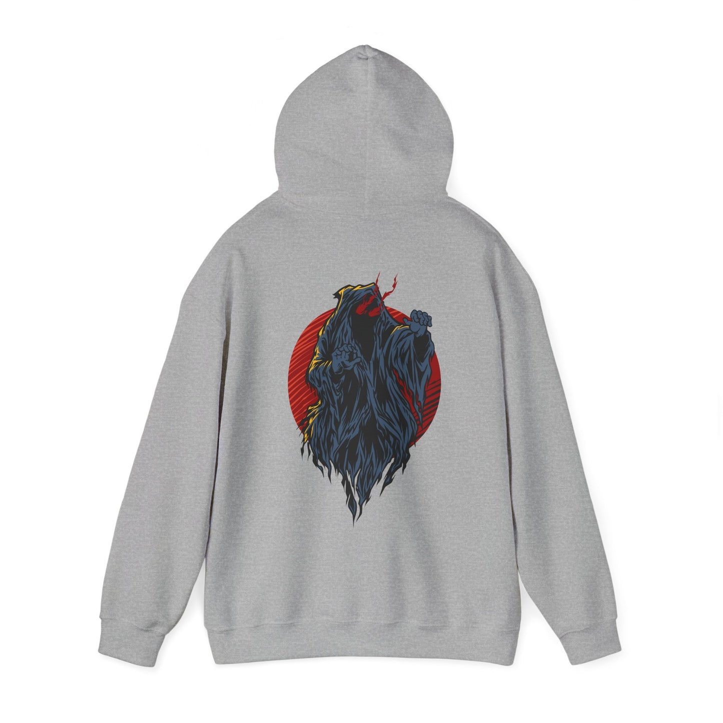 Luxurious grey hoodie adorned with a stunning demon illustration encircled by a bold red design, perfect for a unique fashion statement.
