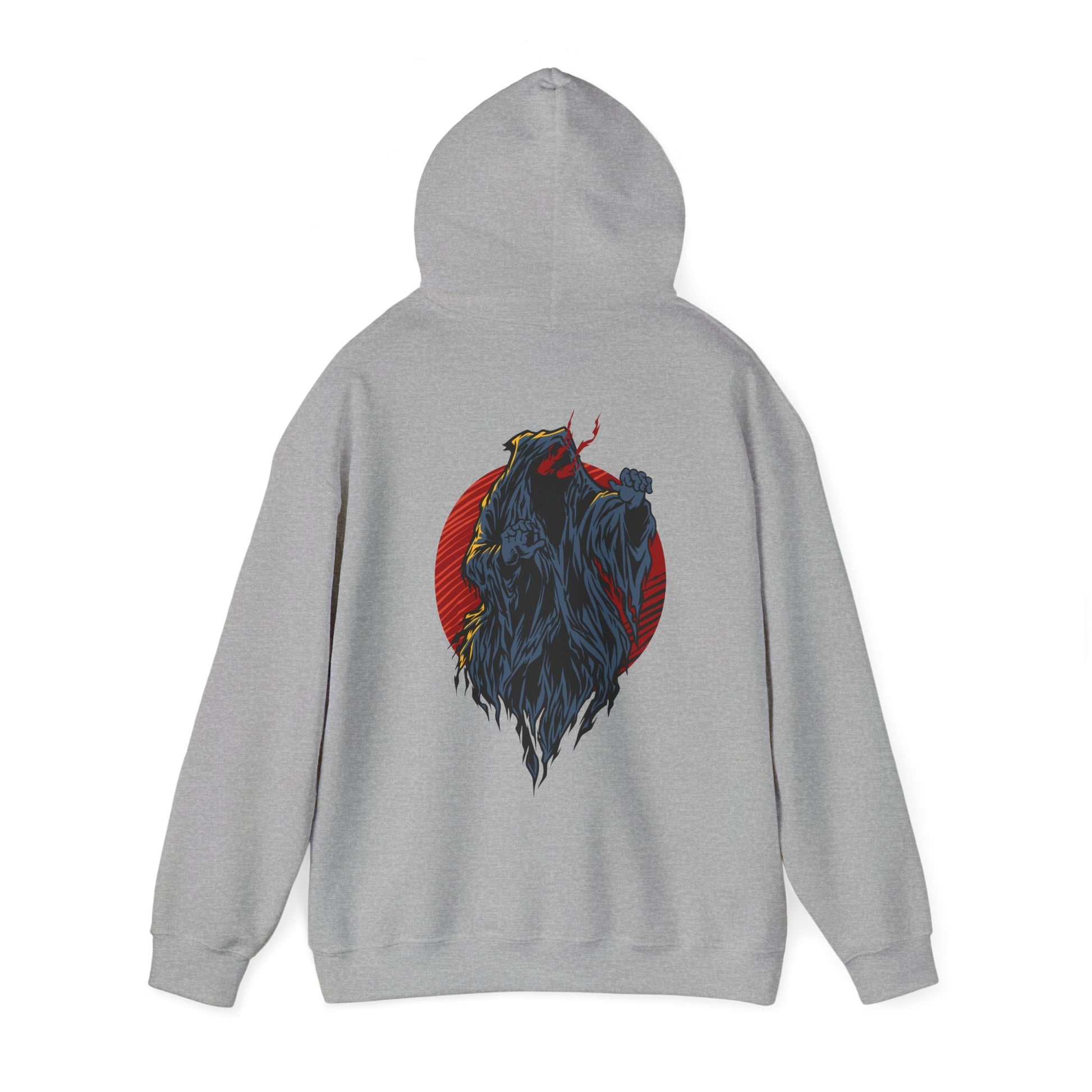 Luxurious grey hoodie adorned with a stunning demon illustration encircled by a bold red design, perfect for a unique fashion statement.