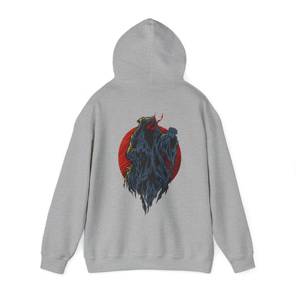 Luxurious grey hoodie adorned with a stunning demon illustration encircled by a bold red design, perfect for a unique fashion statement.