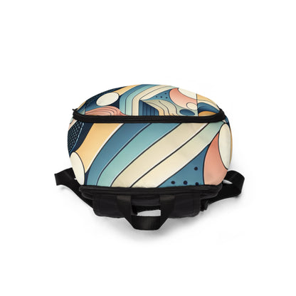 Lifestyle image of the Modern Pastel Geometric Backpack from Dazzling Dreams Studio, demonstrating its chic design in a casual setting.