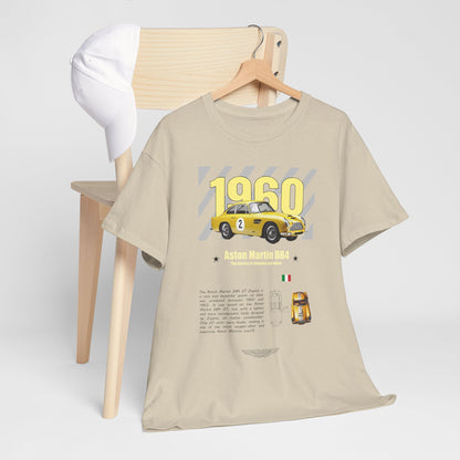 Elegant Aston Martin DB4 GT Zagato t-shirt draped over a chair, featuring a classic yellow sports car illustration and refined text details, representing a fusion of automotive heritage and luxurious style.