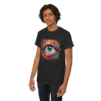 Visionary Drip Luxe Tee featuring an artistic eye design in vibrant colors on a black shirt, embodying creative expression and modern fashion.