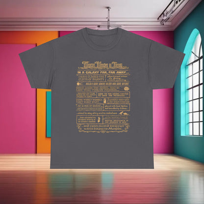 Once Upon a Time Graphic T-Shirt showcased in an artistic setting, featuring a luxurious vintage unisex cotton tee with a stunning galactic adventures print in gold on a chic grey background.