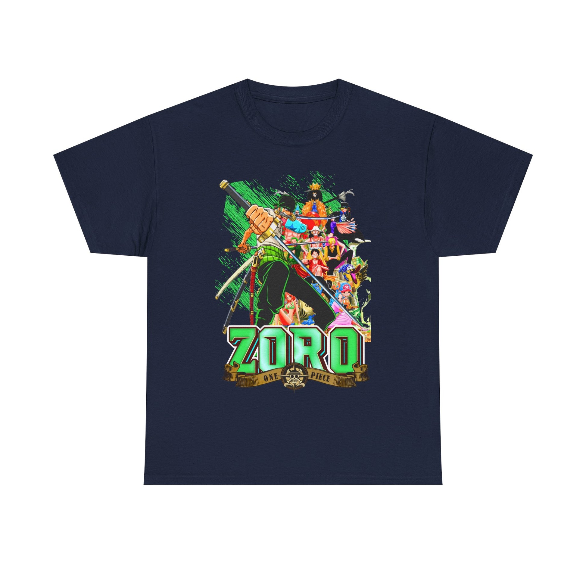 Chic One Piece Zoro T-shirt in navy, displaying an eye-catching illustration of Zoro ready for adventure surrounded by colourful anime characters, perfect for stylish casual wear.