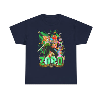 Chic One Piece Zoro T-shirt in navy, displaying an eye-catching illustration of Zoro ready for adventure surrounded by colourful anime characters, perfect for stylish casual wear.