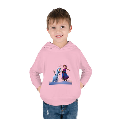 Young boy wearing a Girls Olaf Frozen Hoodie in pink, featuring a delightful graphic of Olaf and Anna, designed for ages 2 to 5.