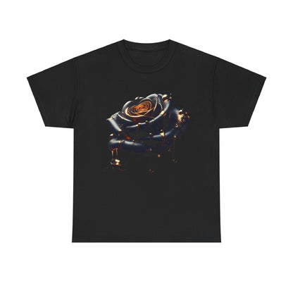 Luxury Close-Up Abstract Rose Unisex Cotton Tee Graphic T Shirt in black featuring an intricate rose design with molten gold elements, ideal for art lovers.