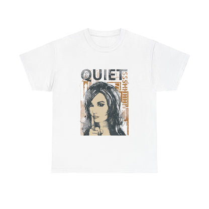 Luxurious white men's t-shirt featuring an urban graphic design with the word 'QUIET' and a captivating portrait, ideal for stylish streetwear enthusiasts.
