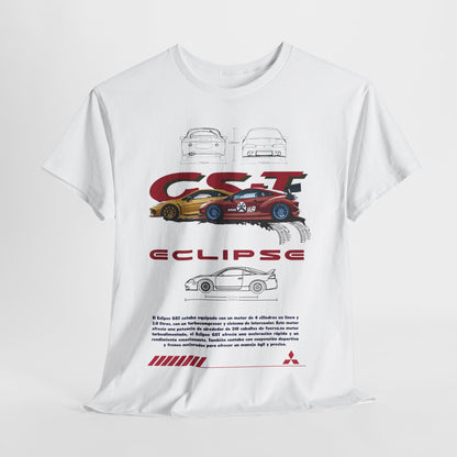 Luxurious white Mitsubishi Eclipse GST men's T-shirt featuring bold graphic design showcasing the iconic car with 'GST' lettering, perfect for automotive enthusiasts.
