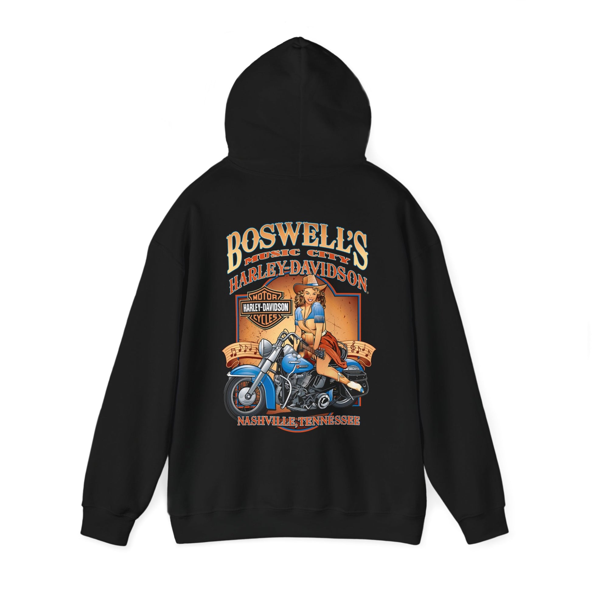 Sophisticated black hoodie with a stunning back print of a pin-up girl on a vintage motorcycle, representing Boswell's Music City and Harley-Davidson heritage.