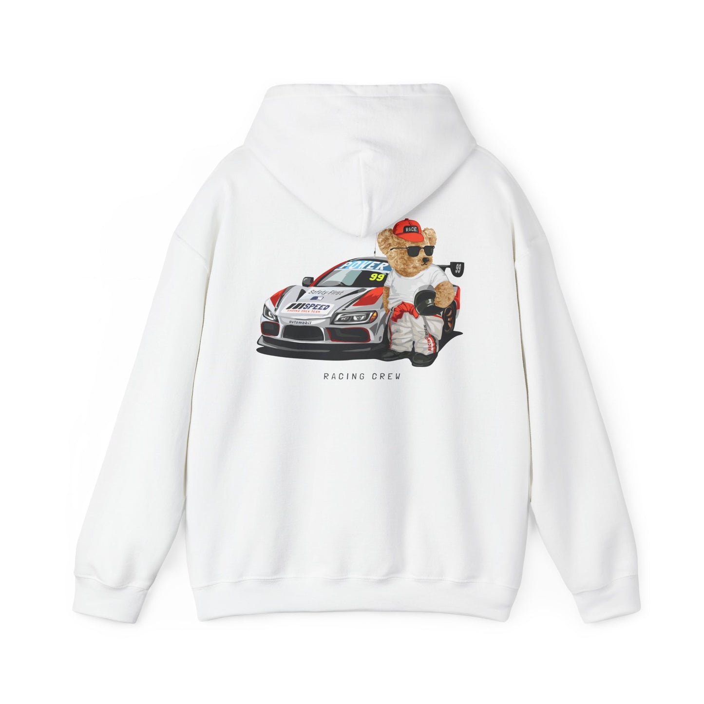 Luxury hoodie featuring a whimsical teddy bear racing design on the back, with a stylish grey car and bold racing accents, perfect for speed enthusiasts and fashion-forward individuals.