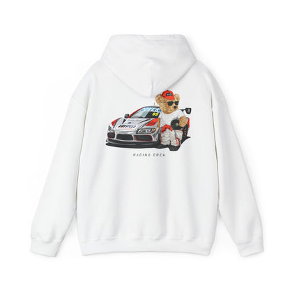 Luxury hoodie featuring a whimsical teddy bear racing design on the back, with a stylish grey car and bold racing accents, perfect for speed enthusiasts and fashion-forward individuals.
