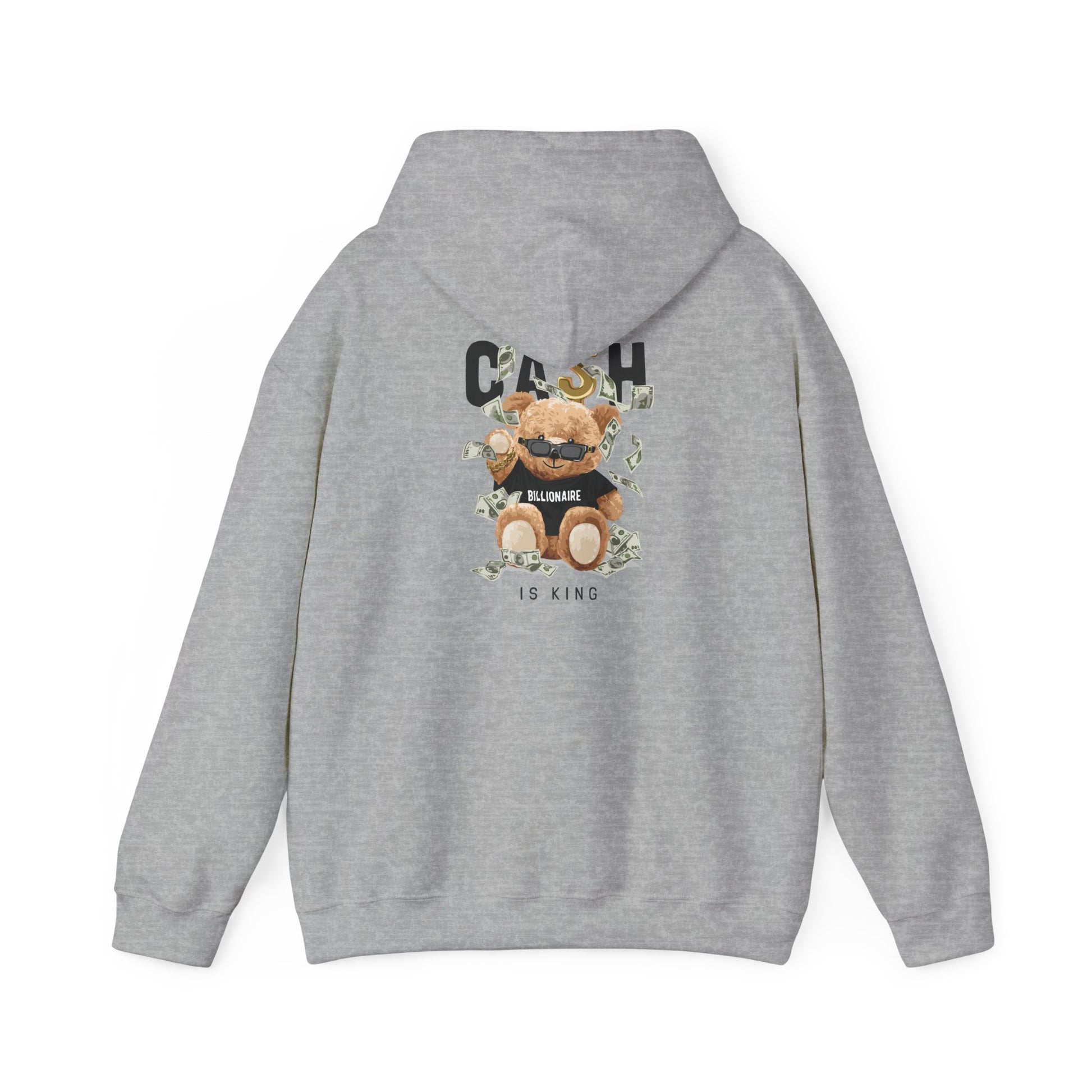 Chic back view of a light grey hoodie featuring a playful teddy bear dressed with sunglasses, surrounded by dollar bills and the text 'CASH BILLIONAIRE IS KING' for a luxurious streetwear style.