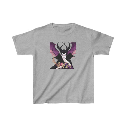 Luxurious Maleficent Kids Tee featuring the iconic Disney character with striking design, perfect for young fans. Available in soft cotton and a beautiful grey shade.