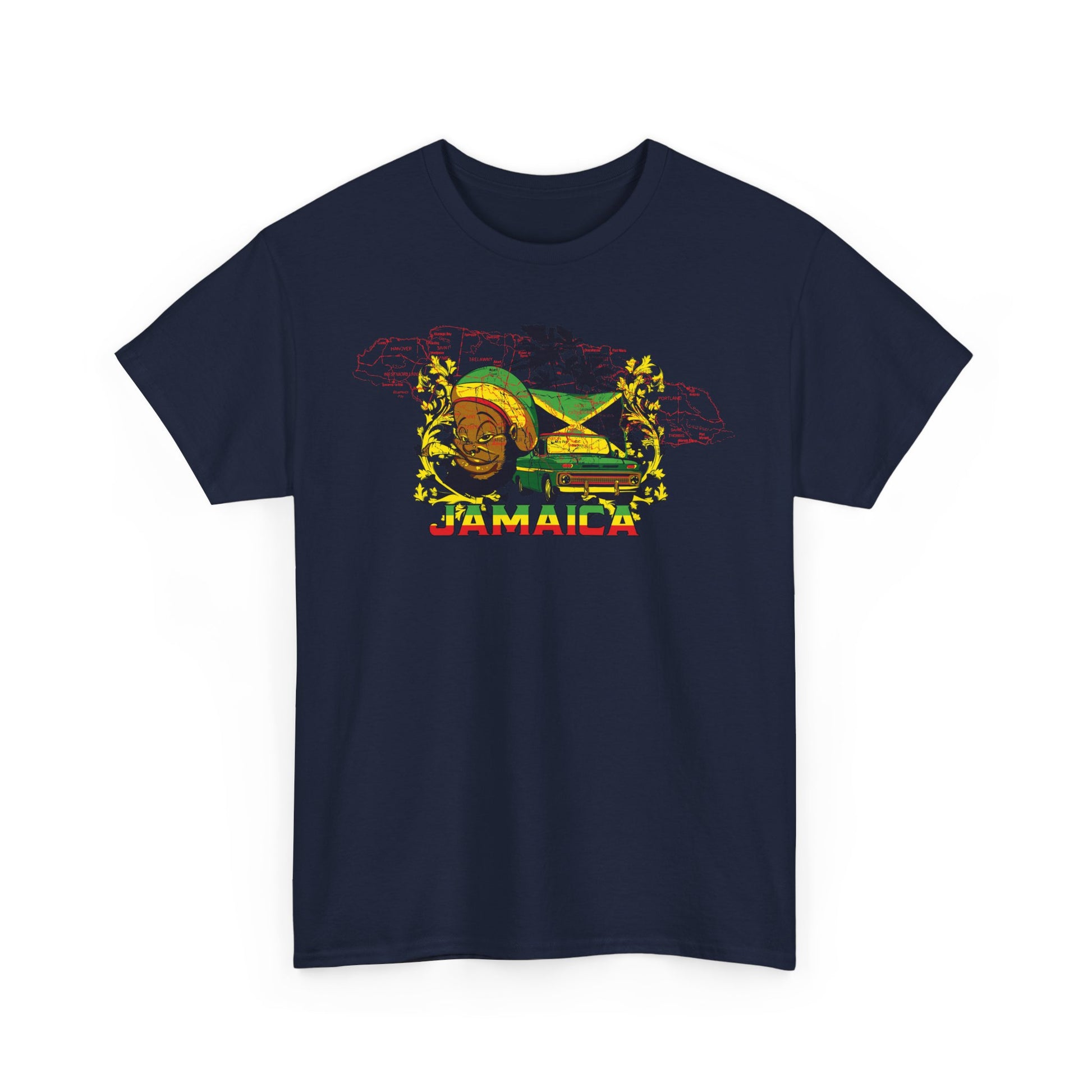 Stylish navy blue graphic t-shirt featuring a vibrant Jamaica-themed design, complete with gold accents and a retro truck graphic, celebrating island culture.