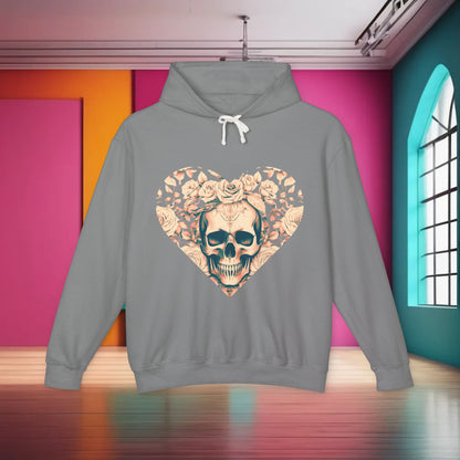 Unisex Lightweight Hooded Sweatshirt featuring unique designer skull and roses motif, presented in a stylish grey colour against a vibrant background.