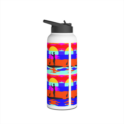 Fantasy Paddleboarding Stainless Steel Water Bottle featuring a vibrant design of paddleboarders against a colourful sunset backdrop, perfect for luxurious hydration during outdoor adventures.
