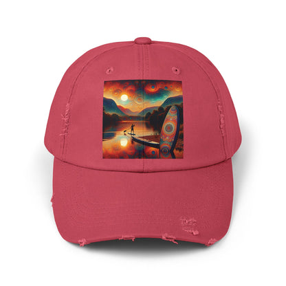 Unisex Distressed Paddleboarders Cap in a chic pink hue, designed with a stunning paddleboarding print, ideal for luxurious sun protection for paddleboard lovers.