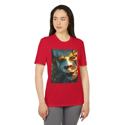 Stylish frontal view of the Adidas Unisex Halloween Pennywise Cute T-shirt in striking red, featuring an eye-catching Pennywise graphic, perfect for festive horror lovers.