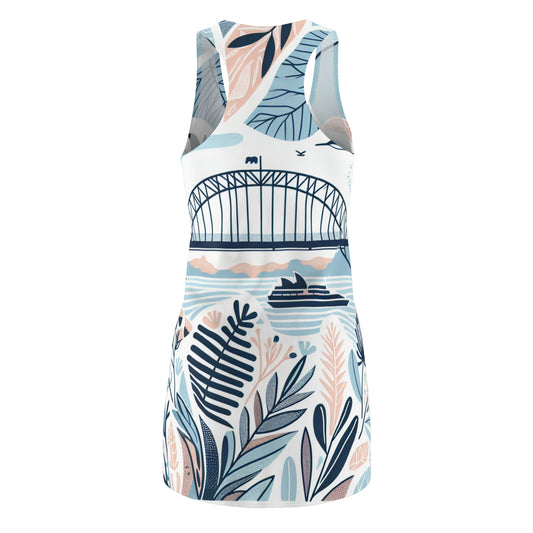 Close-up of the exquisite pattern on the Aurelia Sterling Sydney-inspired racerback dress, highlighting the blend of pastel colours and Australian wildlife.